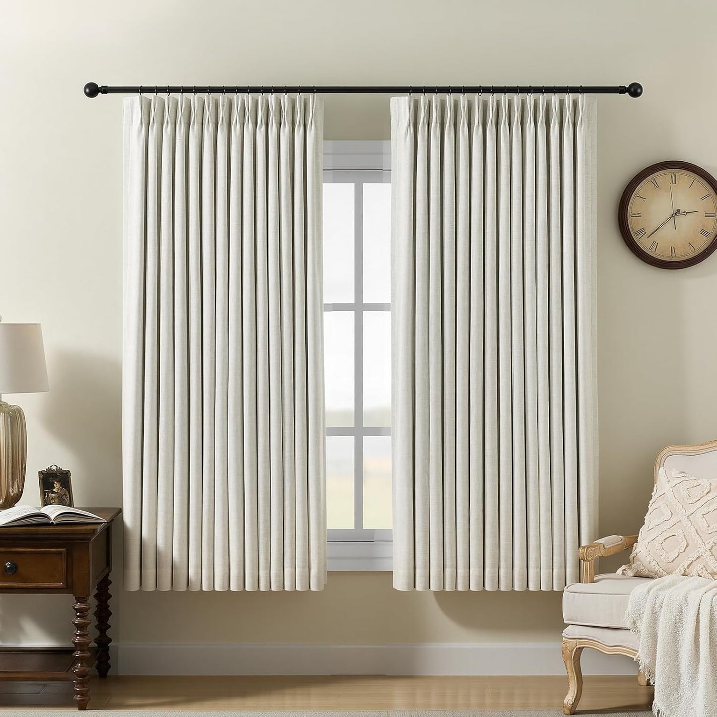 Galenzoov Pinch Pleated Linen Curtains - 100% Black Out, Thermal Insulated Living Room Bedroom Curtain Double Layer Room Darkening Drapes with Hooks, 2 Panels