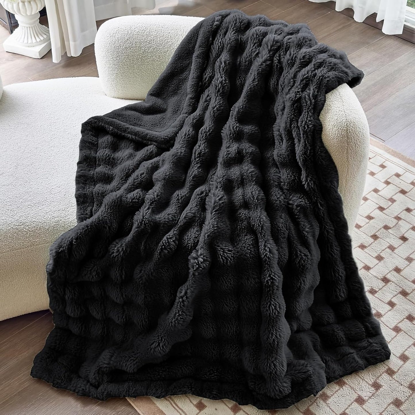 Faux Fur Black Throw Blanket for Couch