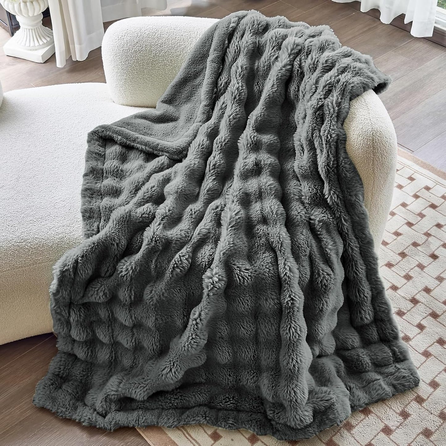 Faux Fur Black Throw Blanket for Couch