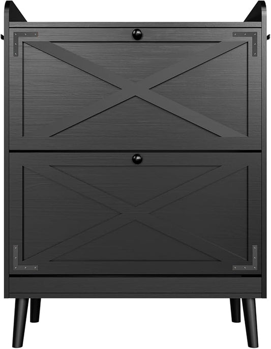 YZ Home Shoe Storage Cabinet with 2 Flip Drawers, Freestanding Entryway Shoe Cabinet with 2 Side Hooks & Adjustable Shelves Slim Shoe Organizer Cabinet Narrow Shoe Rack for Entrance Hallway Front Door