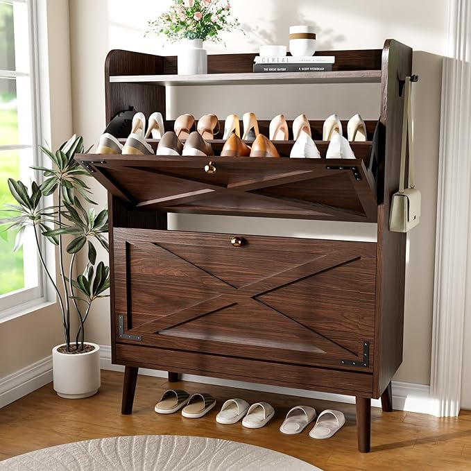 YZ Home Shoe Storage Cabinet with 2 Flip Drawers, Freestanding Entryway Shoe Cabinet with 2 Side Hooks & Adjustable Shelves Slim Shoe Organizer Cabinet Narrow Shoe Rack for Entrance Hallway Front Door