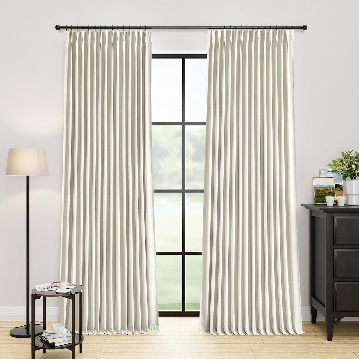 Galenzoov Pinch Pleated Linen Curtains - 100% Black Out, Thermal Insulated Living Room Bedroom Curtain Double Layer Room Darkening Drapes with Hooks, 2 Panels
