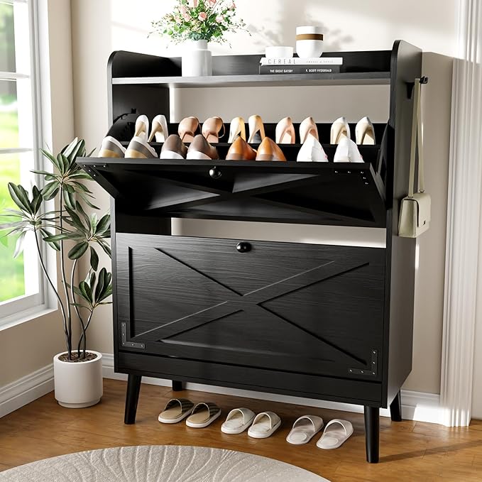YZ Home Shoe Storage Cabinet with 2 Flip Drawers, Freestanding Entryway Shoe Cabinet with 2 Side Hooks & Adjustable Shelves Slim Shoe Organizer Cabinet Narrow Shoe Rack for Entrance Hallway Front Door