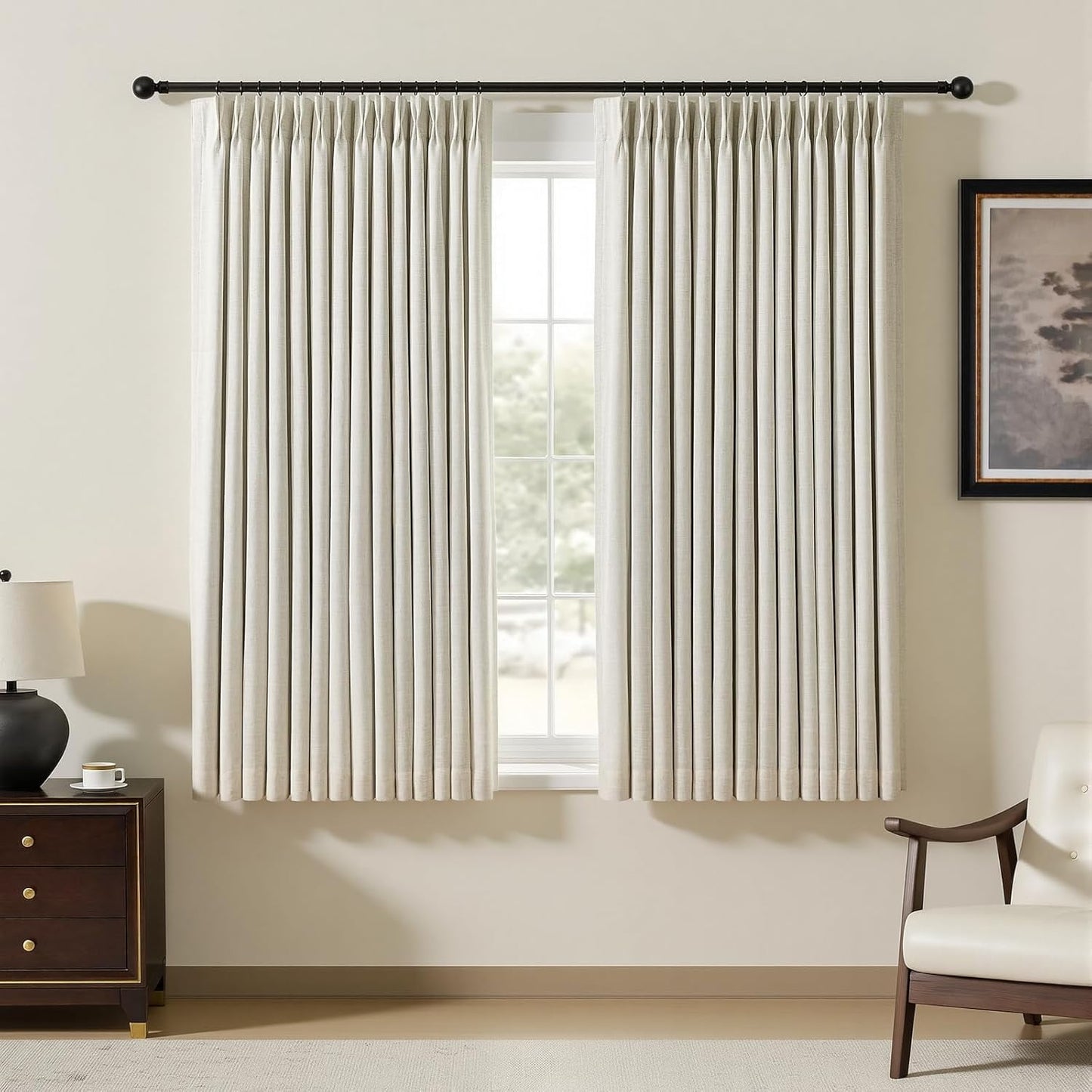 Galenzoov Pinch Pleated Linen Curtains - 100% Black Out, Thermal Insulated Living Room Bedroom Curtain Double Layer Room Darkening Drapes with Hooks, 2 Panels