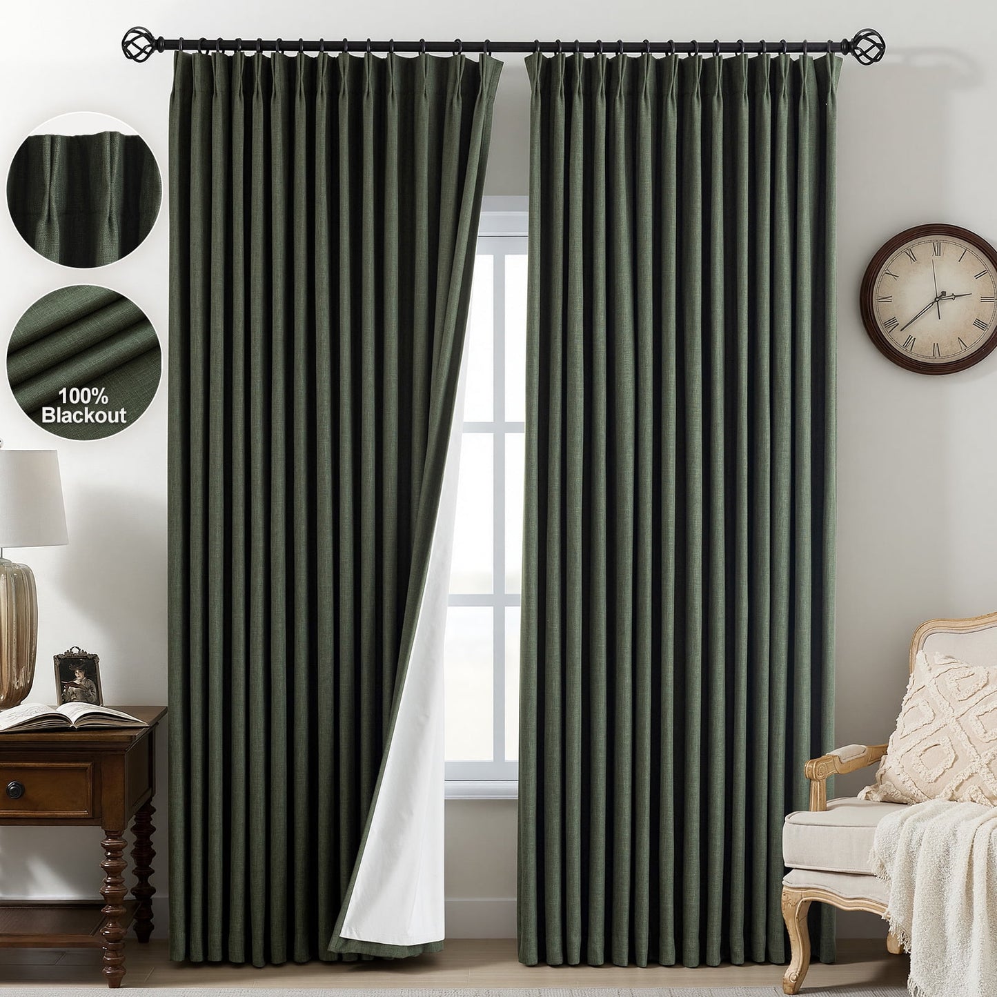 Galenzoov Pinch Pleated Linen Curtains - 100% Black Out, Thermal Insulated Living Room Bedroom Curtain Double Layer Room Darkening Drapes with Hooks, 2 Panels