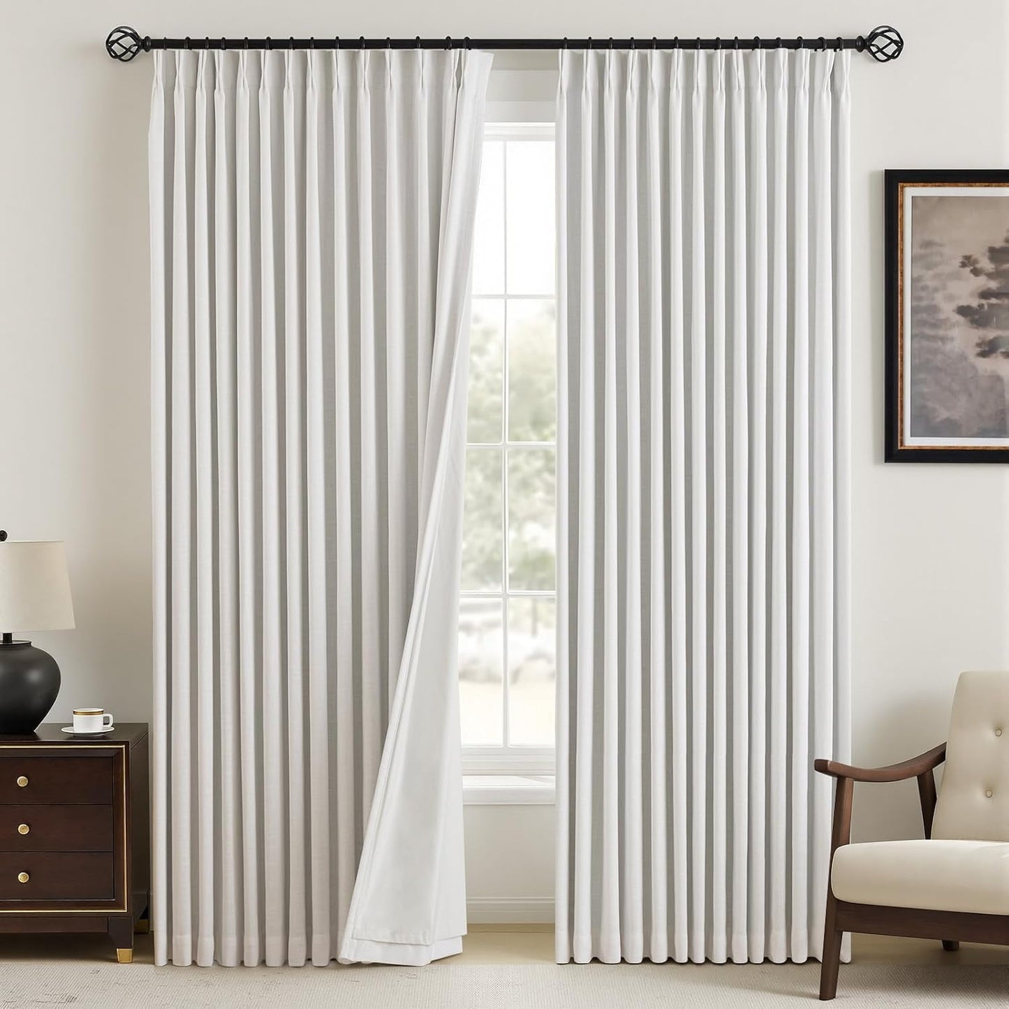 Galenzoov Pinch Pleated Linen Curtains - 100% Black Out, Thermal Insulated Living Room Bedroom Curtain Double Layer Room Darkening Drapes with Hooks, 2 Panels