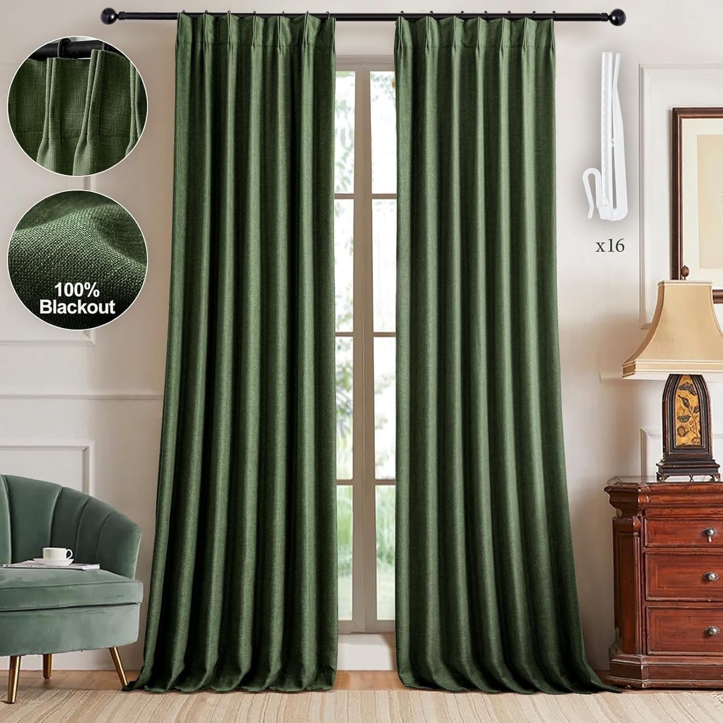 Galenzoov Pinch Pleated Linen Curtains - 100% Black Out, Thermal Insulated Living Room Bedroom Curtain Double Layer Room Darkening Drapes with Hooks, 2 Panels