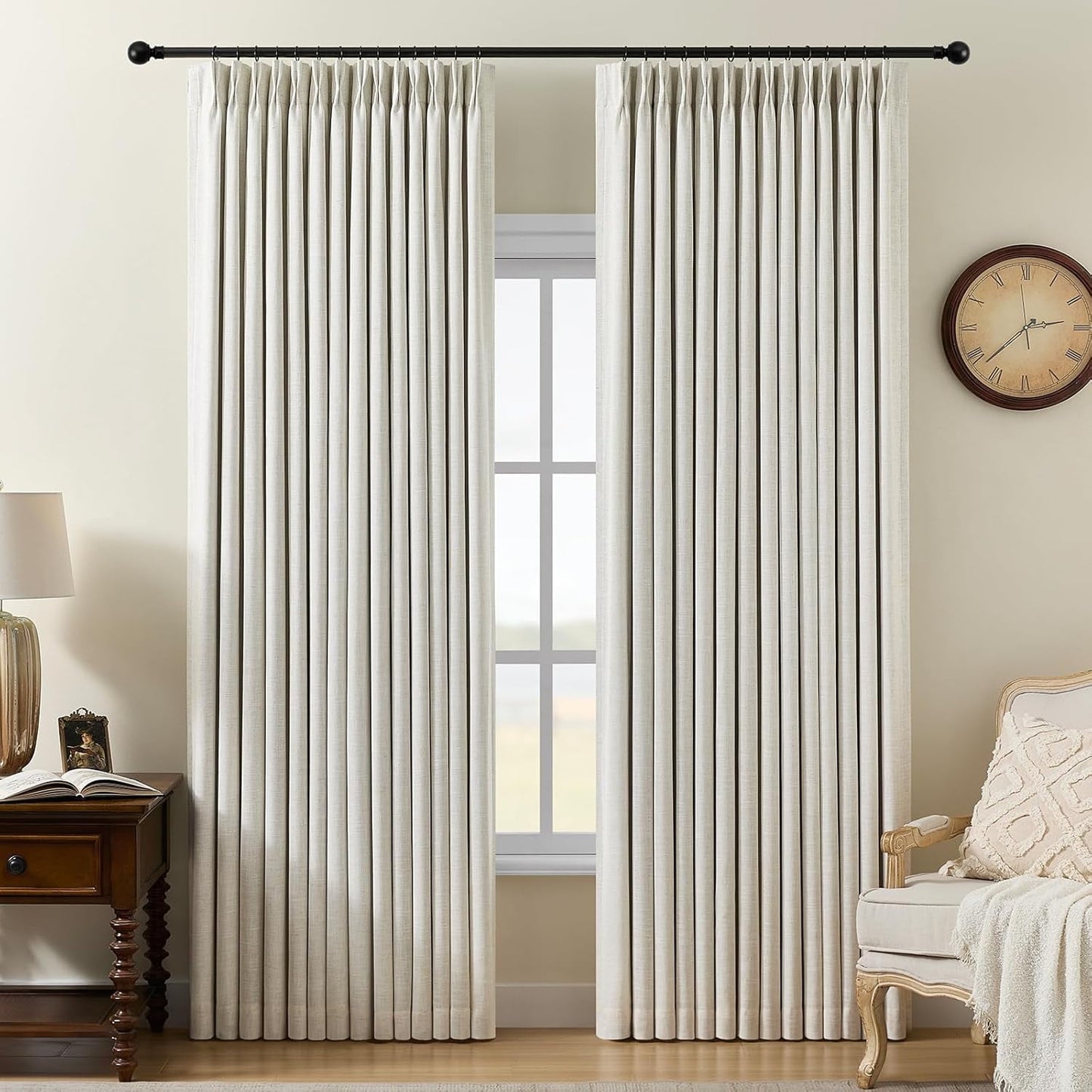 Galenzoov Pinch Pleated Linen Curtains - 100% Black Out, Thermal Insulated Living Room Bedroom Curtain Double Layer Room Darkening Drapes with Hooks, 2 Panels