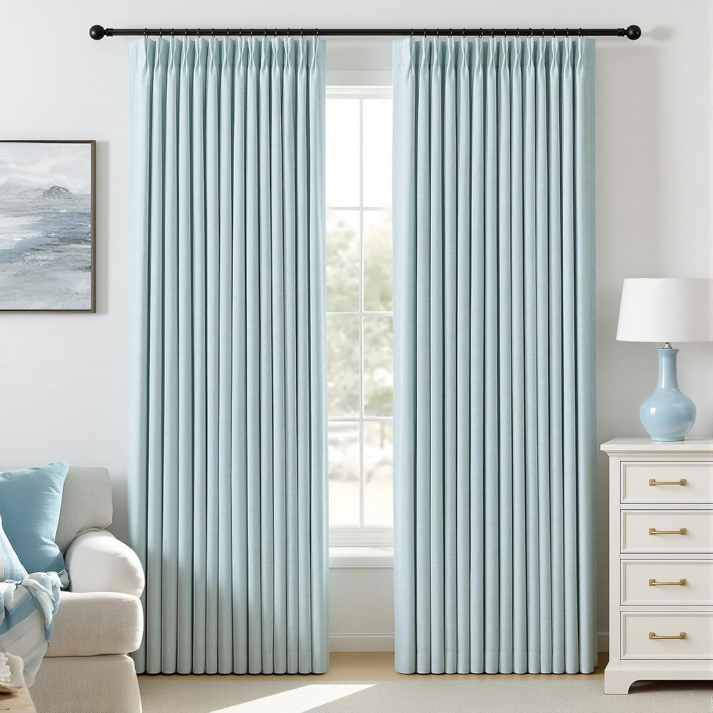Galenzoov Pinch Pleated Linen Curtains - 100% Black Out, Thermal Insulated Living Room Bedroom Curtain Double Layer Room Darkening Drapes with Hooks, 2 Panels