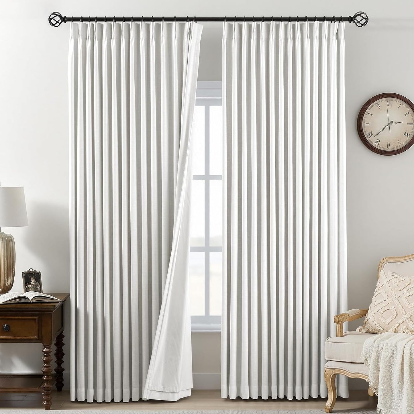 Galenzoov Pinch Pleated Linen Curtains - 100% Black Out, Thermal Insulated Living Room Bedroom Curtain Double Layer Room Darkening Drapes with Hooks, 2 Panels
