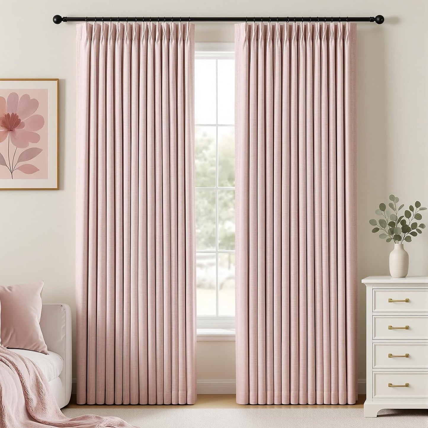 Galenzoov Pinch Pleated Linen Curtains - 100% Black Out, Thermal Insulated Living Room Bedroom Curtain Double Layer Room Darkening Drapes with Hooks, 2 Panels