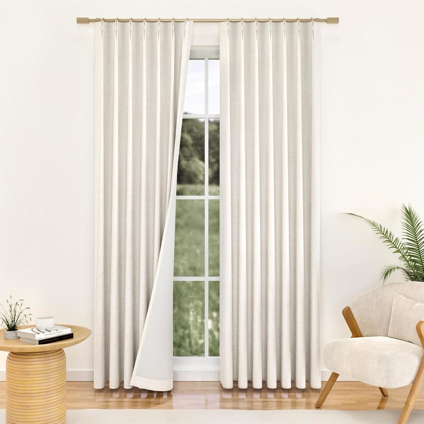 Galenzoov Pinch Pleated Linen Curtains - 100% Black Out, Thermal Insulated Living Room Bedroom Curtain Double Layer Room Darkening Drapes with Hooks, 2 Panels