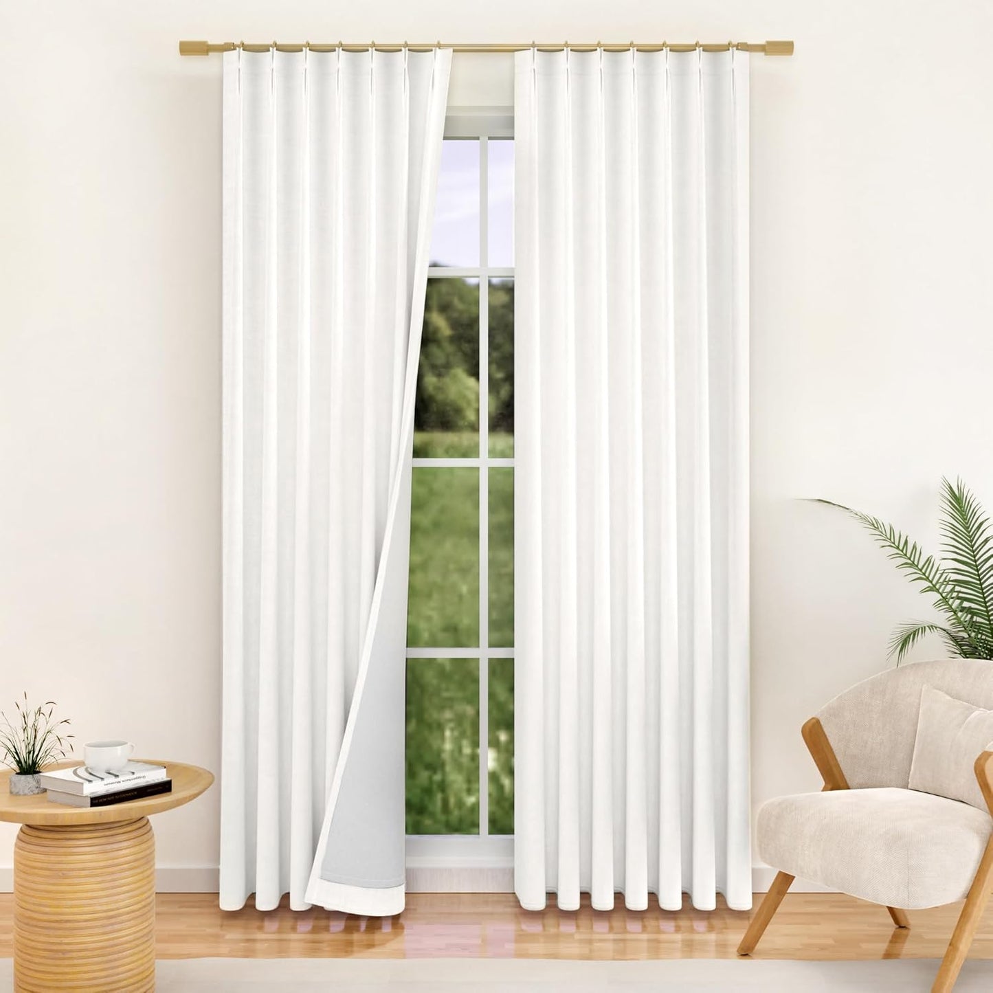 Galenzoov Pinch Pleated Linen Curtains - 100% Black Out, Thermal Insulated Living Room Bedroom Curtain Double Layer Room Darkening Drapes with Hooks, 2 Panels