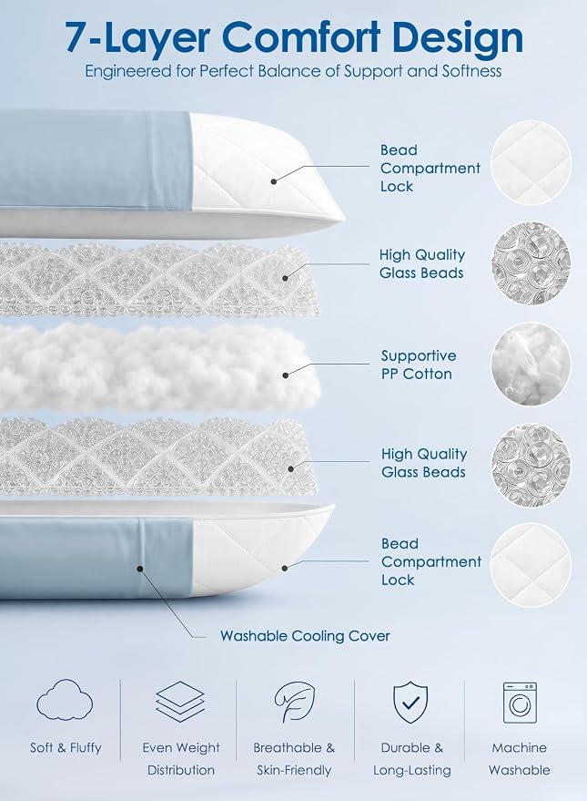 Weighted Body Pillow for Side Sleeper with Cooling Cover, Quilted Glass Beads, Breathable Washable Weighted Pillow for Deeper Sleep, Relax and Calm, Full Body Pillow for Adults Blue