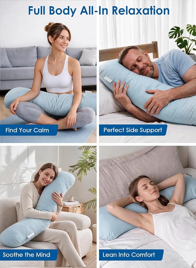 Weighted Body Pillow for Side Sleeper with Cooling Cover, Quilted Glass Beads, Breathable Washable Weighted Pillow for Deeper Sleep, Relax and Calm, Full Body Pillow for Adults Blue