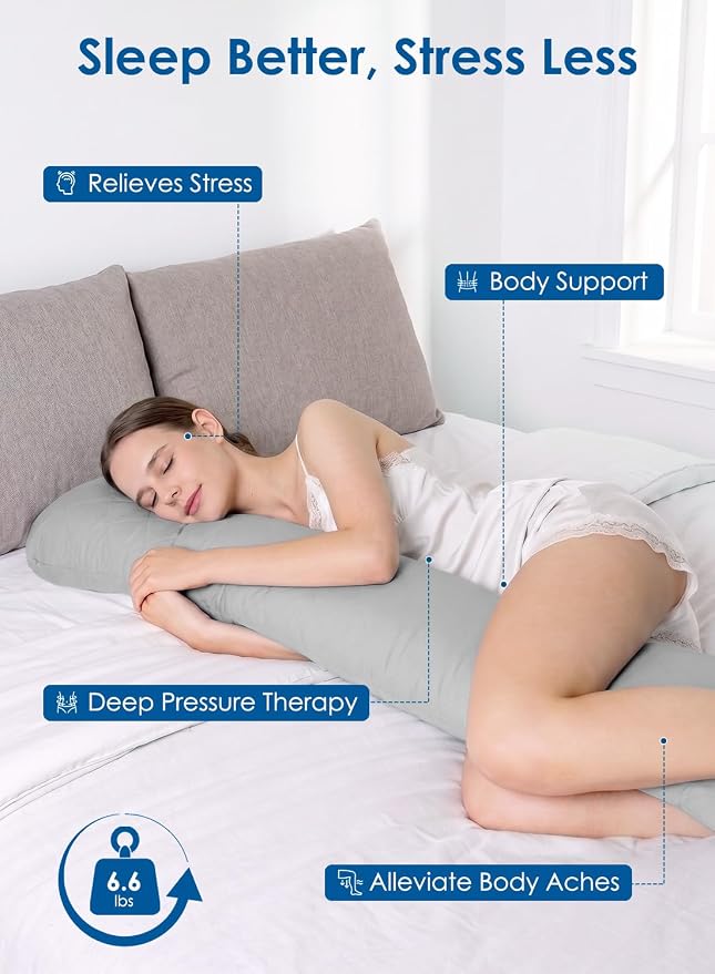 Weighted Body Pillow for Side Sleeper with Cooling Cover, Quilted Glass Beads, Breathable Washable Weighted Pillow for Deeper Sleep, Relax and Calm, Full Body Pillow for Adults Blue