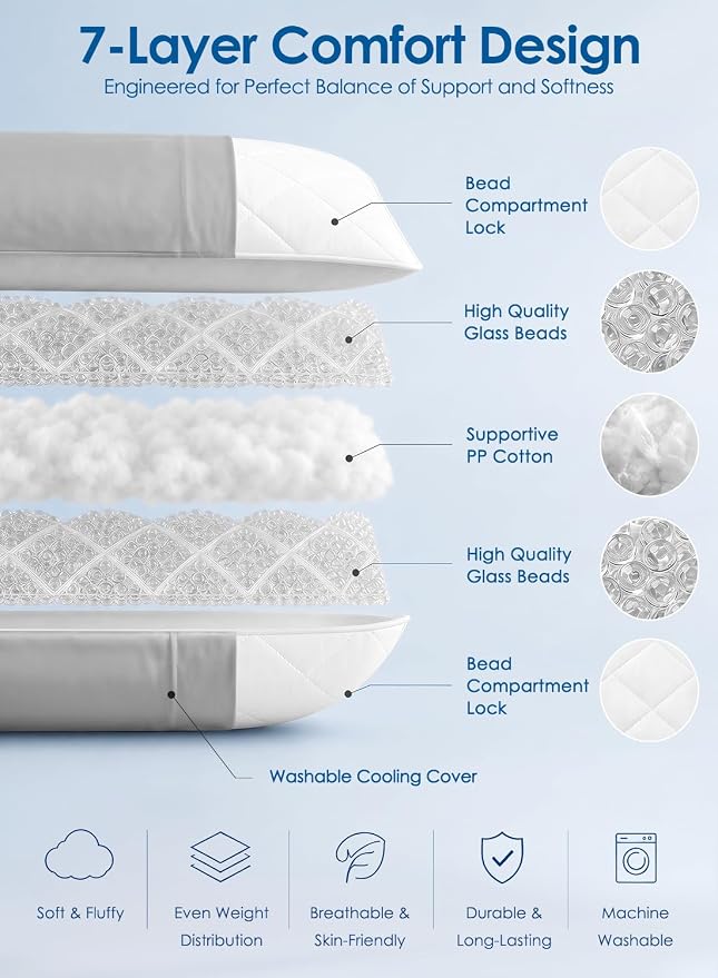 Weighted Body Pillow for Side Sleeper with Cooling Cover, Quilted Glass Beads, Breathable Washable Weighted Pillow for Deeper Sleep, Relax and Calm, Full Body Pillow for Adults Blue