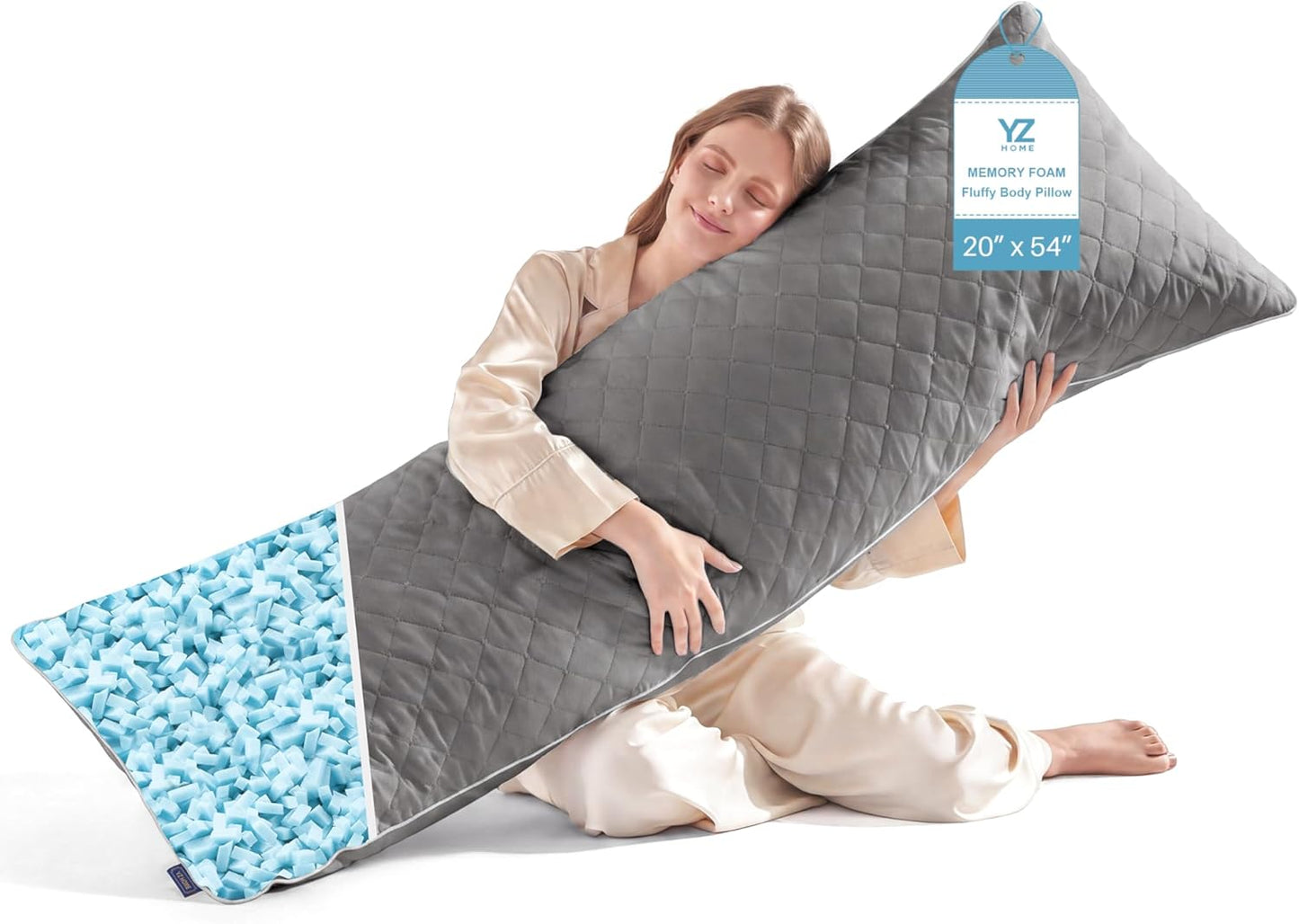 YZ Home Long Body Pillow for Adults, Firm Body Pillow Shredded Memory Foam, Adjustable Height,Support for Side Sleeping & Pregnant Women