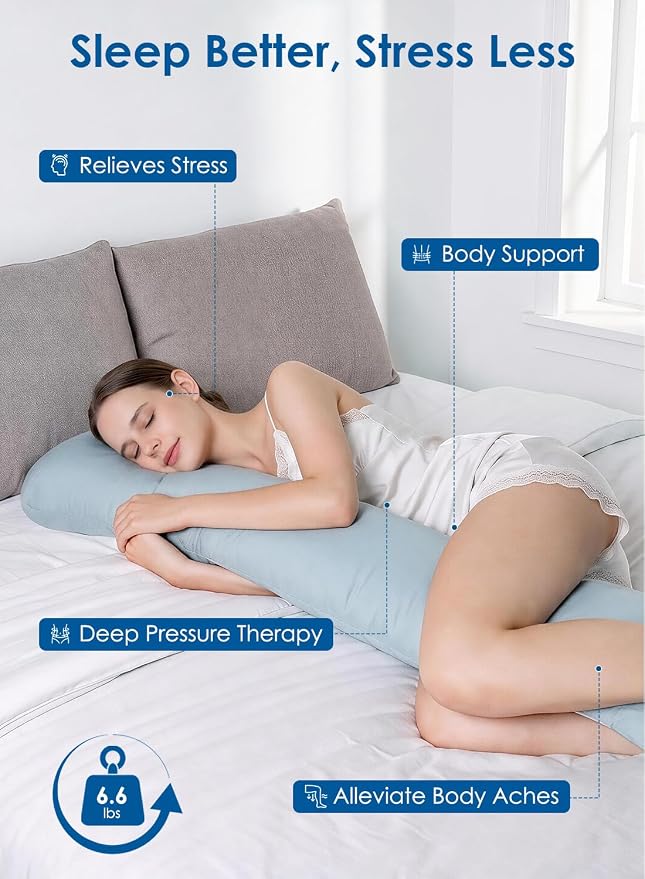 Weighted Body Pillow for Side Sleeper with Cooling Cover, Quilted Glass Beads, Breathable Washable Weighted Pillow for Deeper Sleep, Relax and Calm, Full Body Pillow for Adults Blue