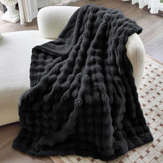 Faux Fur Black Throw Blanket for Couch