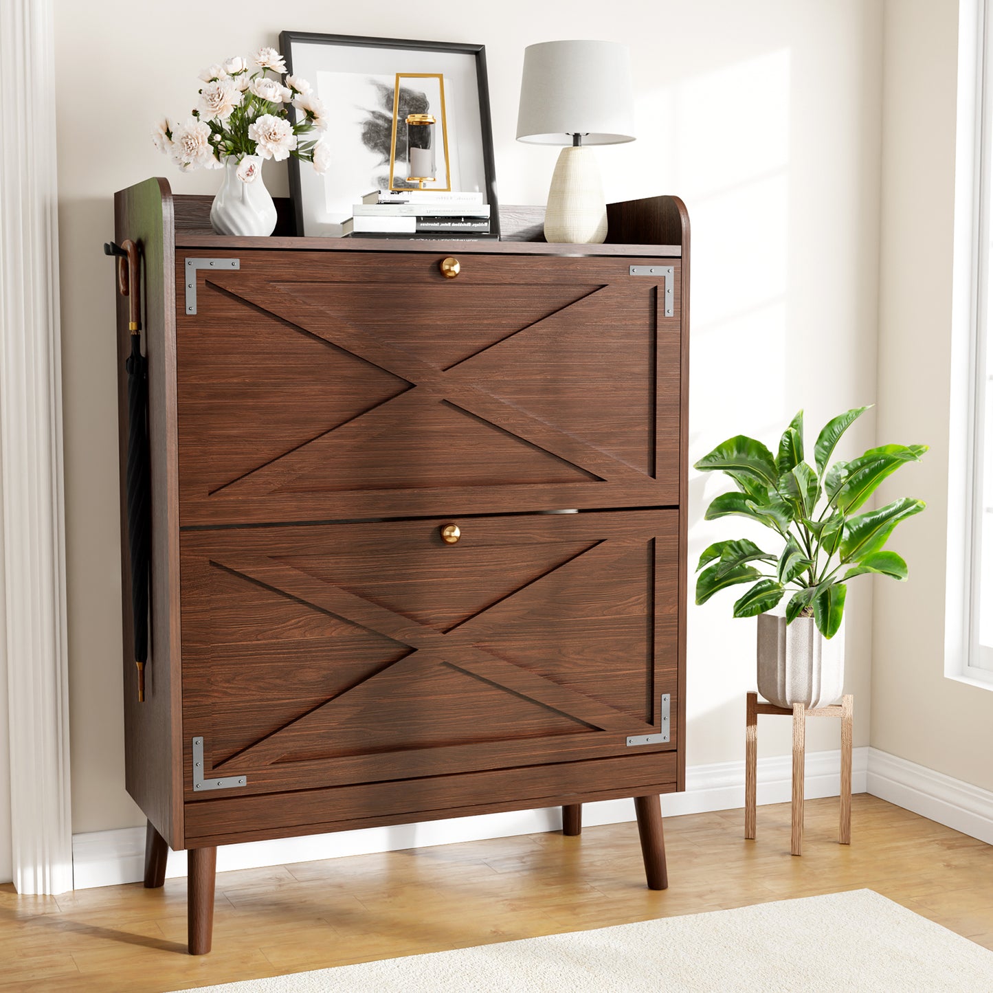 Galenzoov Shoe Cabinet with 2 Flip Drawers Open Shelf Design