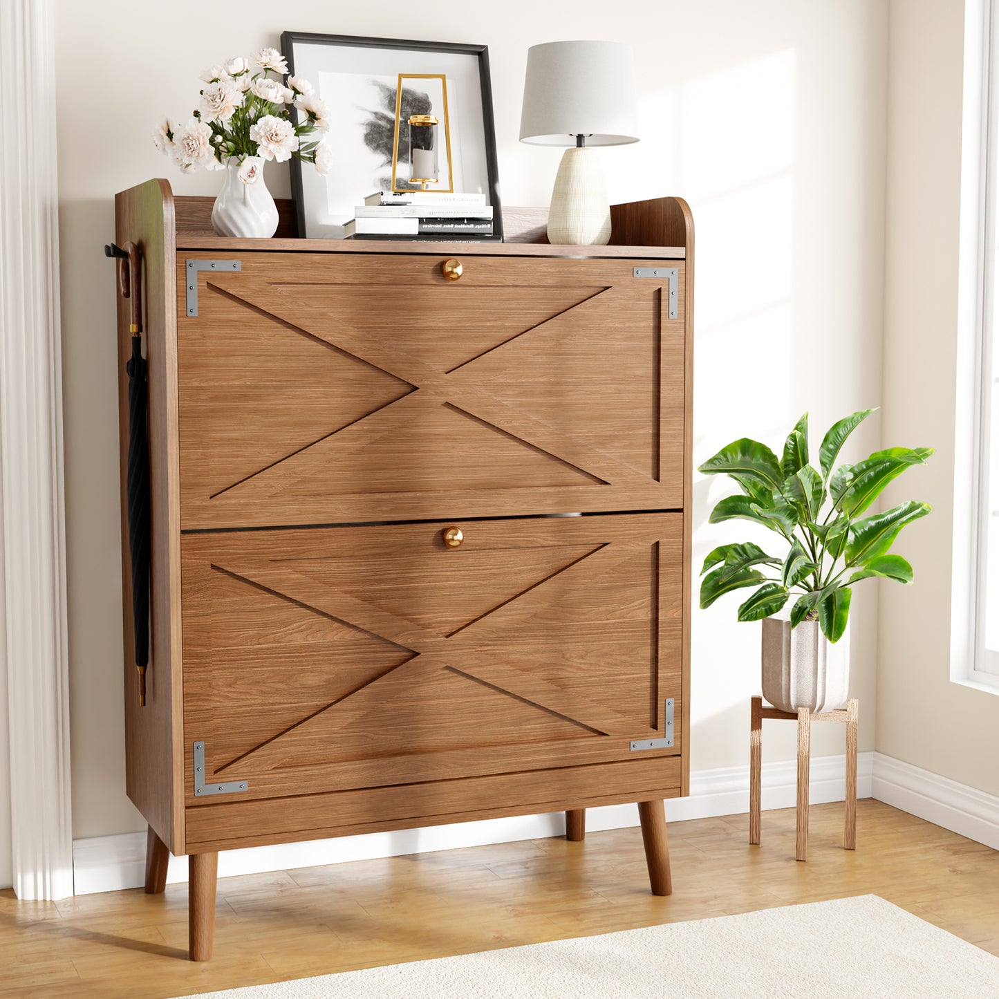 Galenzoov Shoe Cabinet with 2 Flip Drawers Open Shelf Design