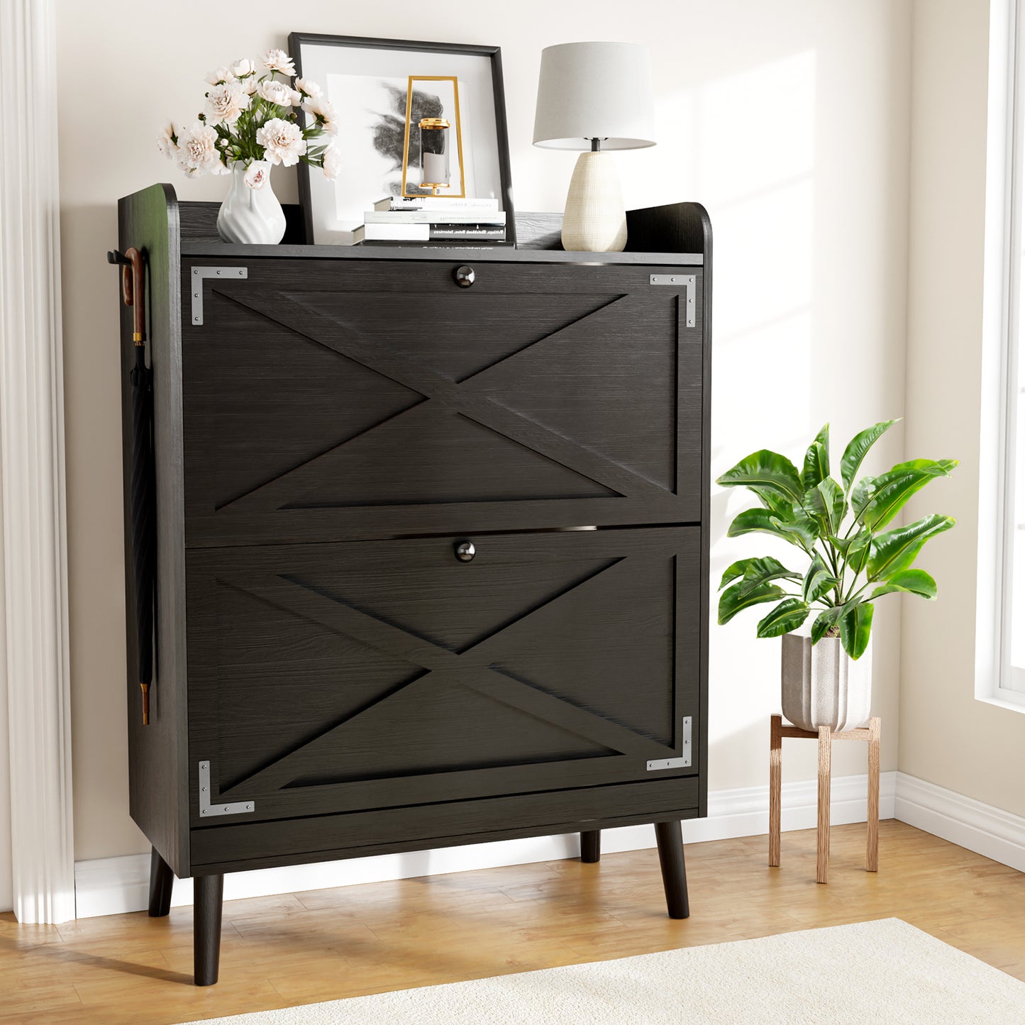 Galenzoov Shoe Cabinet with 2 Flip Drawers Open Shelf Design